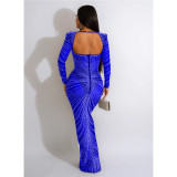 Fashion Women'S Rhinestone Beaded Mesh See-Through Long-Sleeve Backless Evening Party Long Dress
