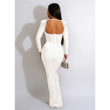 Fashion Women'S Rhinestone Beaded Mesh See-Through Long-Sleeve Backless Evening Party Long Dress