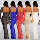Fashion Women'S Rhinestone Beaded Mesh See-Through Long-Sleeve Backless Evening Party Long Dress