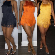 Summer Women'S Fashion Sexy Halter Backless Tight Fitting Tassel Straps Jumpsuit