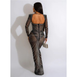 Fashion Women'S Rhinestone Beaded Mesh See-Through Long-Sleeve Backless Evening Party Long Dress