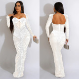 Fashion Women'S Rhinestone Beaded Mesh See-Through Long-Sleeve Backless Evening Party Long Dress