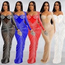 Fashion Women'S Rhinestone Beaded Mesh See-Through Long-Sleeve Backless Evening Party Long Dress
