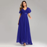 Spring/Summer Swing Double V-Neck Bell Bottom Sleeve Dress Elastic Chiffon Formal Party Bridesmaid Dress Plus Size