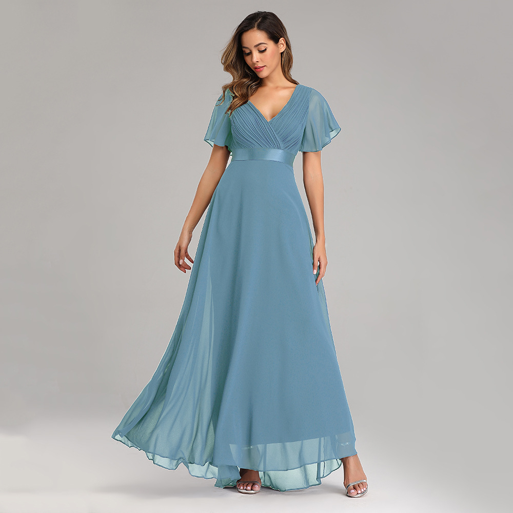 Spring/Summer Swing Double V-Neck Bell Bottom Sleeve Dress Elastic Chiffon Formal Party Bridesmaid Dress Plus Size