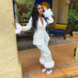 Women's Fashion Two-piece Blazer and Pants Suits with Feather