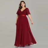 Spring/Summer Swing Double V-Neck Bell Bottom Sleeve Dress Elastic Chiffon Formal Party Bridesmaid Dress Plus Size