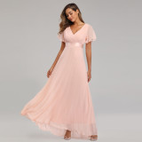 Spring/Summer Swing Double V-Neck Bell Bottom Sleeve Dress Elastic Chiffon Formal Party Bridesmaid Dress Plus Size