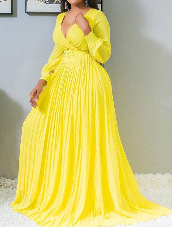 Women Autumn V-Neck Chiffon Long Sleeve Dress