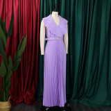 Women Summer Sexy Ruffled Pleated Maxi Dress with Belt