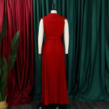 Women Summer Sexy Ruffled Pleated Maxi Dress with Belt
