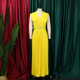 Women Summer Sexy Ruffled Pleated Maxi Dress with Belt