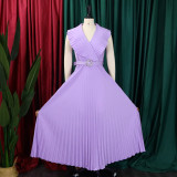 Women Summer Sexy Ruffled Pleated Maxi Dress with Belt