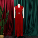 Women Summer Sexy Ruffled Pleated Maxi Dress with Belt