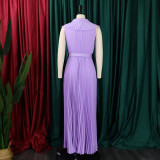 Women Summer Sexy Ruffled Pleated Maxi Dress with Belt
