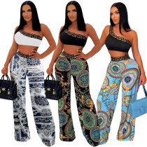 Sexy Slim Print Slash Shoulder Sleeveless Crop Top Pants Two-Piece Nightclub Suit Sexy Slim Print Slash Shoulder Sleeveless Crop Top Pants Two-Piece Nightclub Suit