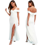 Women'S Sexy Fashion Solid Color Off Shoulder Slit Evening Dress