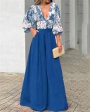 Autumn V-Neck Women'S Puff Sleeve Print Top Wide Leg Pants Fashion Two Piece Set