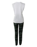 Casual Pad Shoulder Short Sleeve Top And Camouflage Pants Two Piece Set
