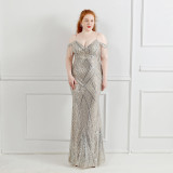 Elegant Strap Off Shoulder Tassels Sequin Plus Size Beauty Long Formal Party Evening Dress