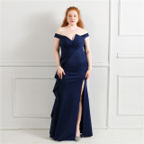 Elegant Off Shoulder Ruffled Slit Plus Size Beauty Long Formal Party Evening Dress