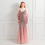 Elegant Straps V-Neck Solid Sequin Plus Size Beauty Long Formal Party Evening Dress