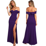 Women'S Sexy Fashion Solid Color Off Shoulder Slit Evening Dress