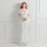 Elegant Strap Off Shoulder Tassels Sequin Plus Size Beauty Long Formal Party Evening Dress