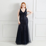 Elegant U-Neck Sleeveless Sequin Plus Size Beauty Long Formal Party Evening Dress