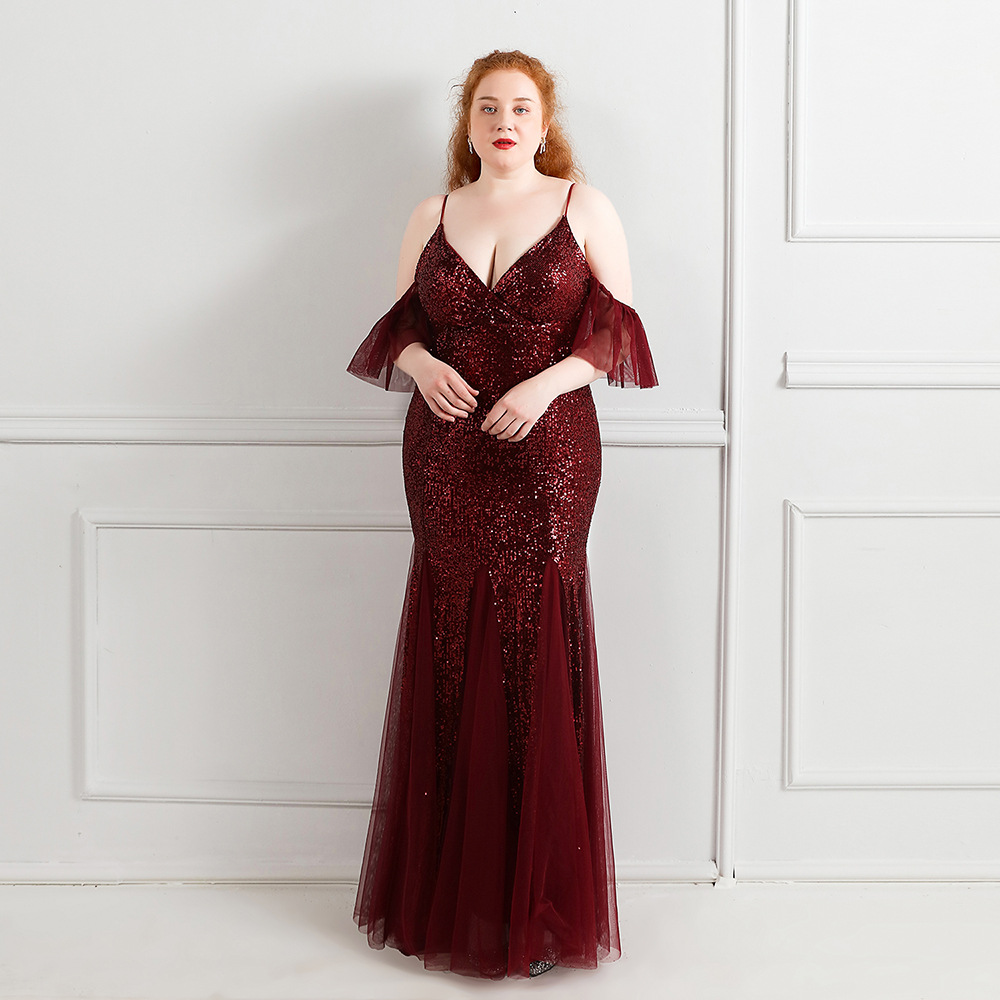 Elegant Straps V-Neck Solid Sequin Plus Size Beauty Long Formal Party Evening Dress