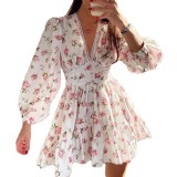 Women'S Fall Chic Sweet Floral Print V-Neck Puff Sleeve A-Line Dress