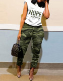 Casual Pad Shoulder Short Sleeve Top And Camouflage Pants Two Piece Set