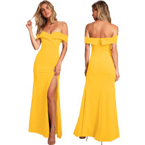 Women'S Sexy Fashion Solid Color Off Shoulder Slit Evening Dress