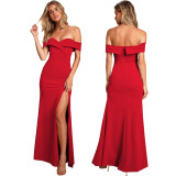 Women'S Sexy Fashion Solid Color Off Shoulder Slit Evening Dress