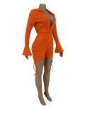 Summer Autumn Winter Women's Sexy Solid Color Long Sleeve Shorts Solid Color Lace-Up Jumpsuit