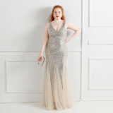 Elegant U-Neck Sleeveless Sequin Plus Size Beauty Long Formal Party Evening Dress