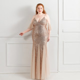 Elegant Straps V-Neck Solid Sequin Plus Size Beauty Long Formal Party Evening Dress
