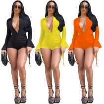 Summer Autumn Winter Women's Sexy Solid Color Long Sleeve Shorts Solid Color Lace-Up Jumpsuit