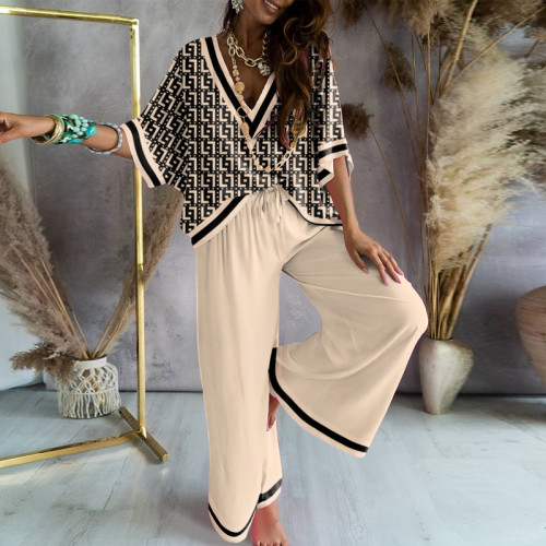 Women'S Casualprint V-Neck Loose Top + Elastic Waist Wide Leg Pants Set