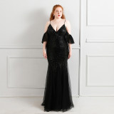 Elegant Straps V-Neck Solid Sequin Plus Size Beauty Long Formal Party Evening Dress