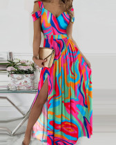 Women'S Contrast Print Off Shoulder Strap Slit Maxi Dress