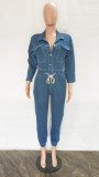Women Casual Pocket Half Sleeve Denim Jumpsuit
