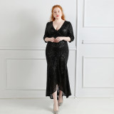 Plus Size Women Sequin V-Neck Formal Party Evening Dress