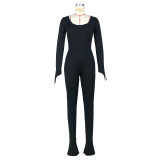 Women Sexy Thumb Sleeves Solid Backless Bell Bottom Jumpsuit