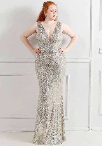 Plus Size Women Sequins Sleeveless Formal Party Evening Dress