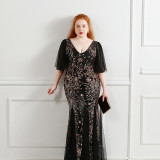 Plus Size Women Sequin Lace Half Sleeve Formal Party Evening Dress