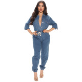 Women Casual Pocket Half Sleeve Denim Jumpsuit