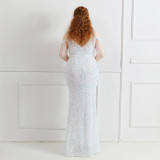 Plus Size Women Sequin Patchwork Fringe Formal Party Evening Dress