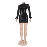 Sexy See-Through Mesh Feather Bodycon Slim Sequin Beaded Dress