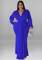 Plus Size Women's Solid Color Sexy Deep V Neck Long Sleeve Pleated Dress